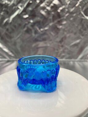 Vintage Blue Pressed Glass Salt Cellar With Floral Design Scalloped Edges